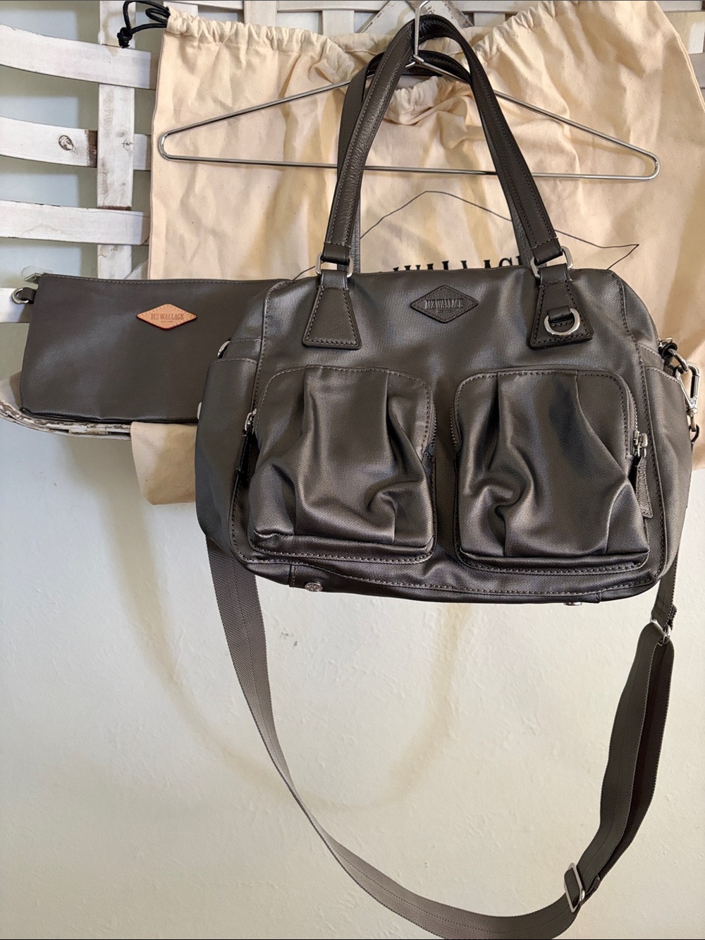 MZ Wallace Silver Shoulder Bag with Front Pockets